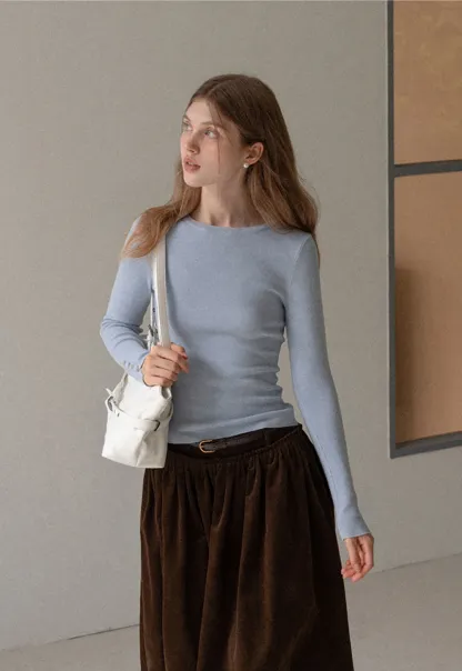 Basic Ribbed Knit Top Women Long Sleeve Pullover