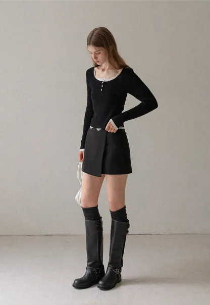 Faux Two Piece Wool Blend Mini Skirt