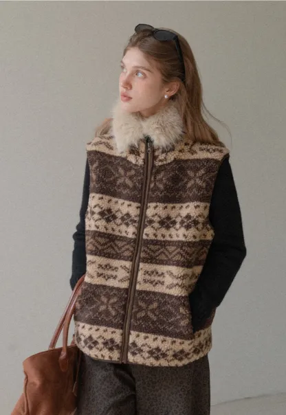 Vintage Fleece Vest Women Zip Up Sherpa Warm
