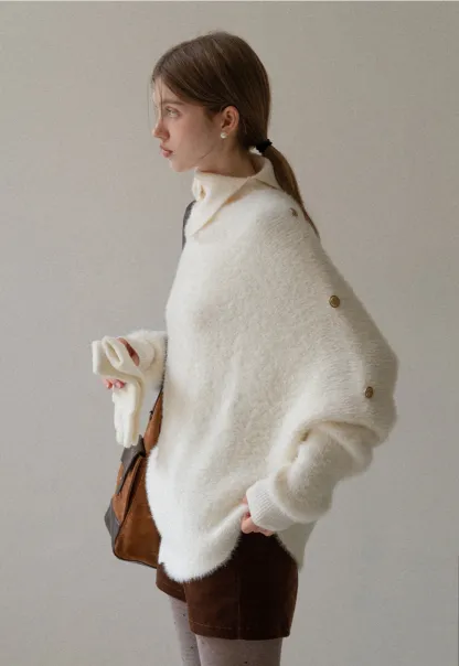 Cozy White Turtleneck Sweater Women Fuzzy Knit Top