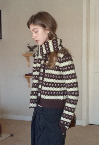 Women Warm Knit Cardigan Set Vintage Striped Style
