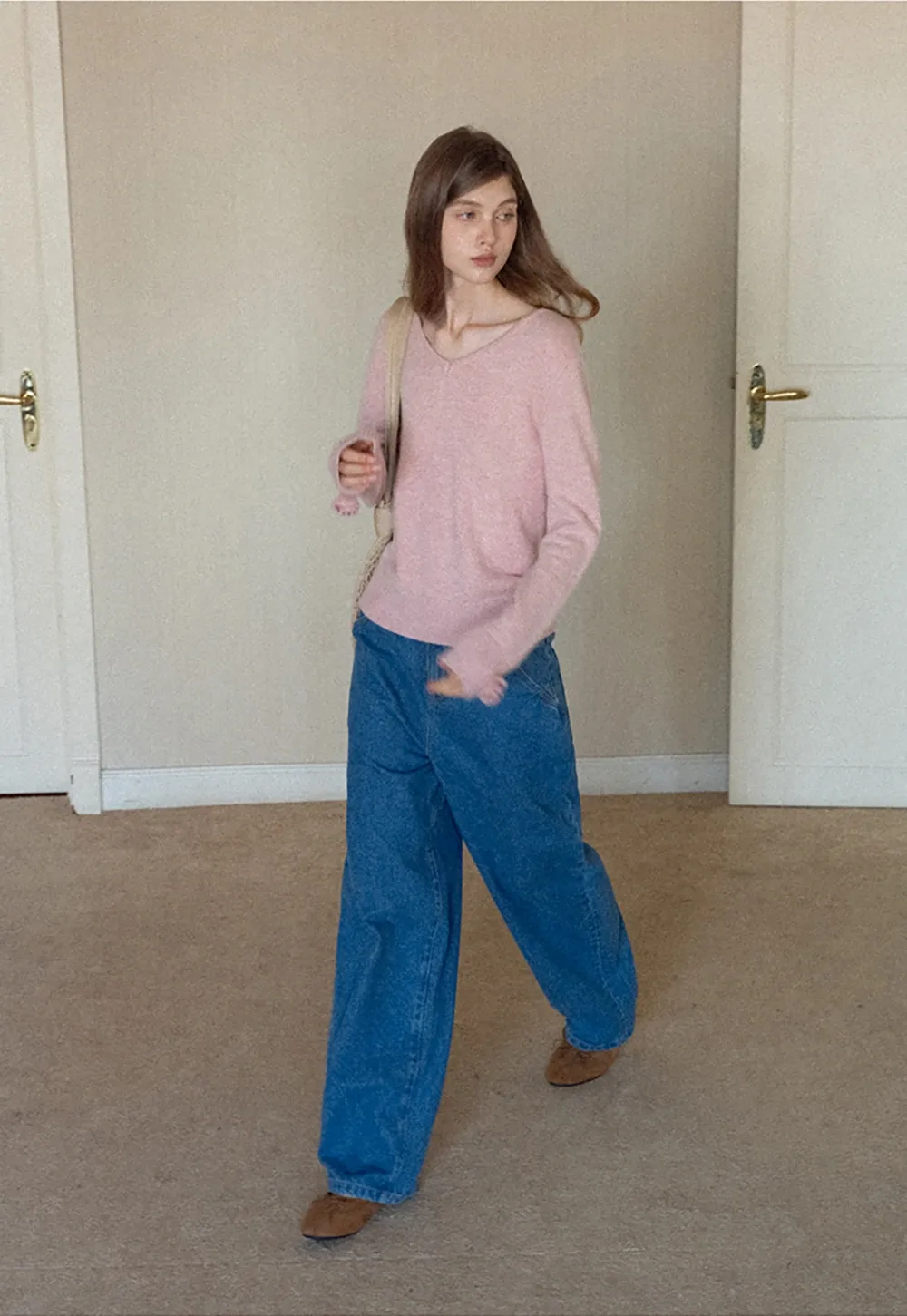 Women V-Neck Knit Sweater with Bow Cuff Detail