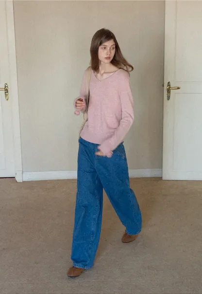 Women V-Neck Knit Sweater with Bow Cuff Detail