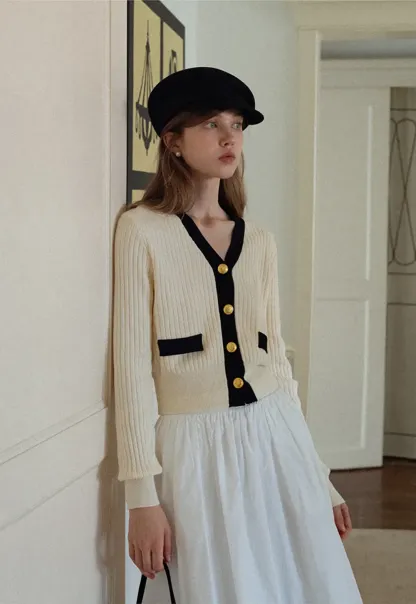 Contrast Trim Ribbed Knit Cardigan