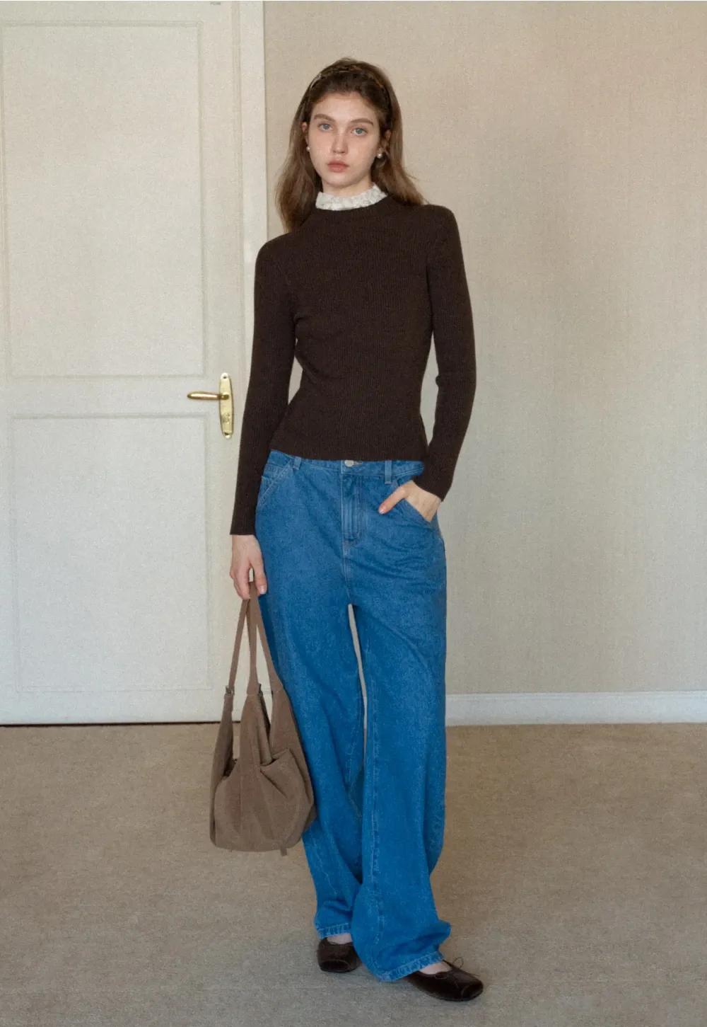 Womens Ribbed Mock Neck Top with Lace Buttons