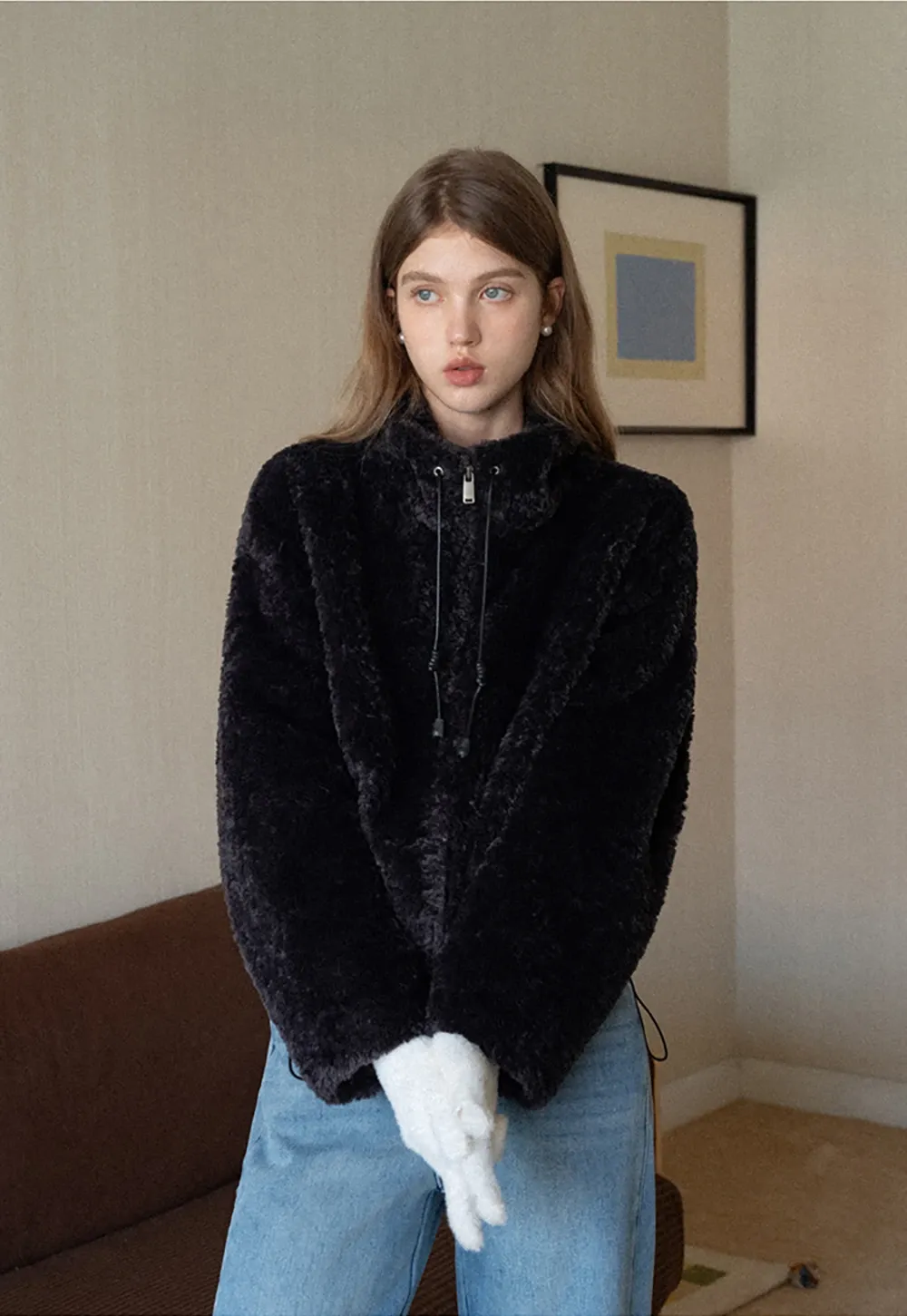 Womens Oversized Stand Collar Faux Leather and Sherpa Jacket