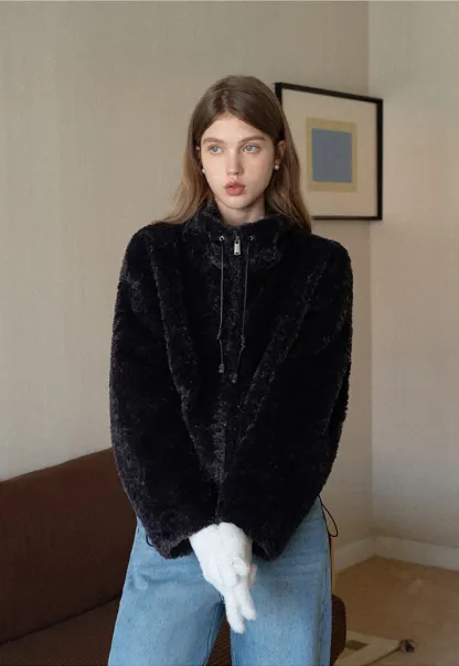 Womens Oversized Stand Collar Faux Leather and Sherpa Jacket