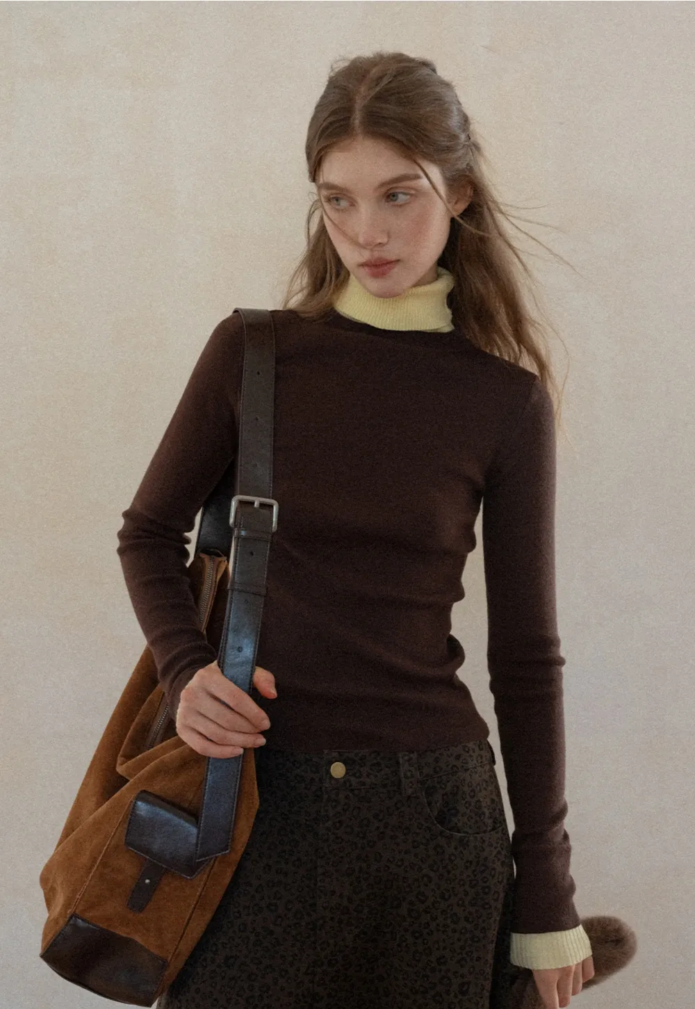 Casual Brown Turtleneck Sweater with Yellow Cuffs