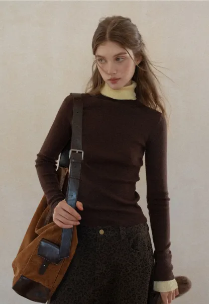Casual Brown Turtleneck Sweater with Yellow Cuffs