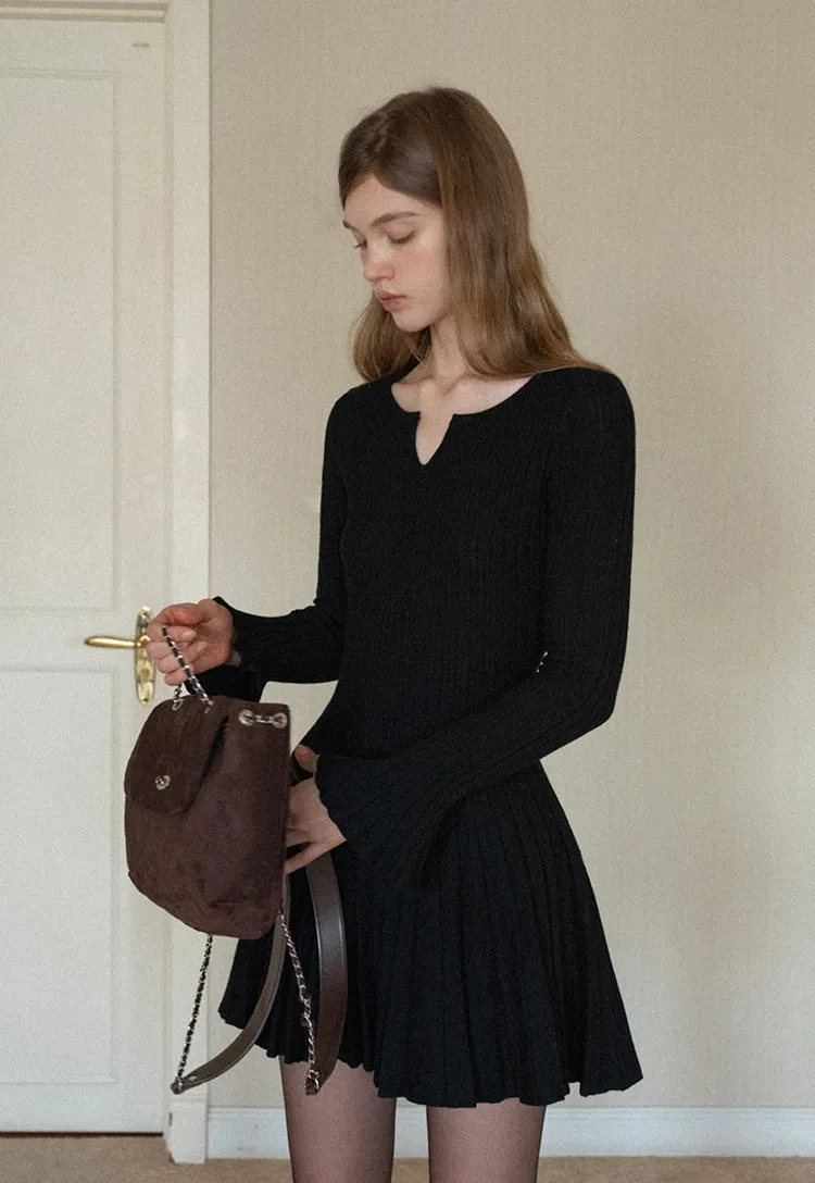 Black Pleated Dress with Bell Sleeves for Women