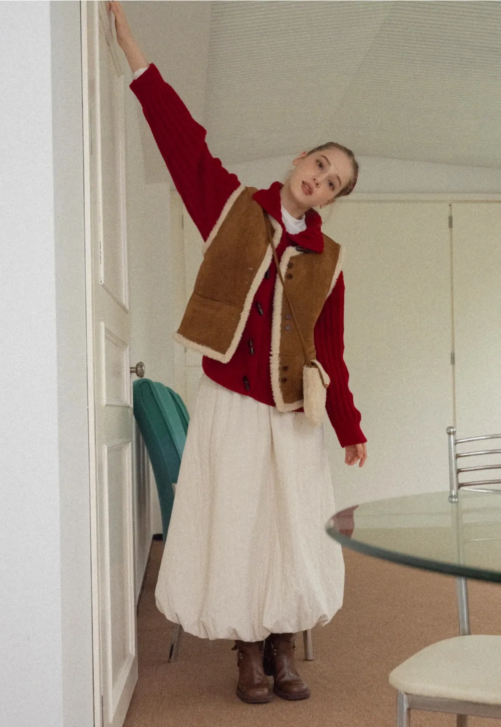 Women Brown Suede Shearling Vest with Warm Fleece Lining