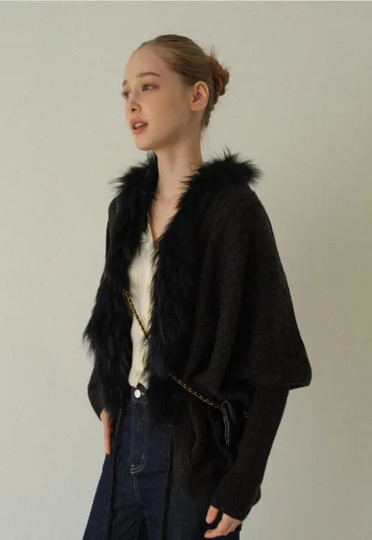 Faux Fur Collar Cable Knit Poncho Sweater for Women