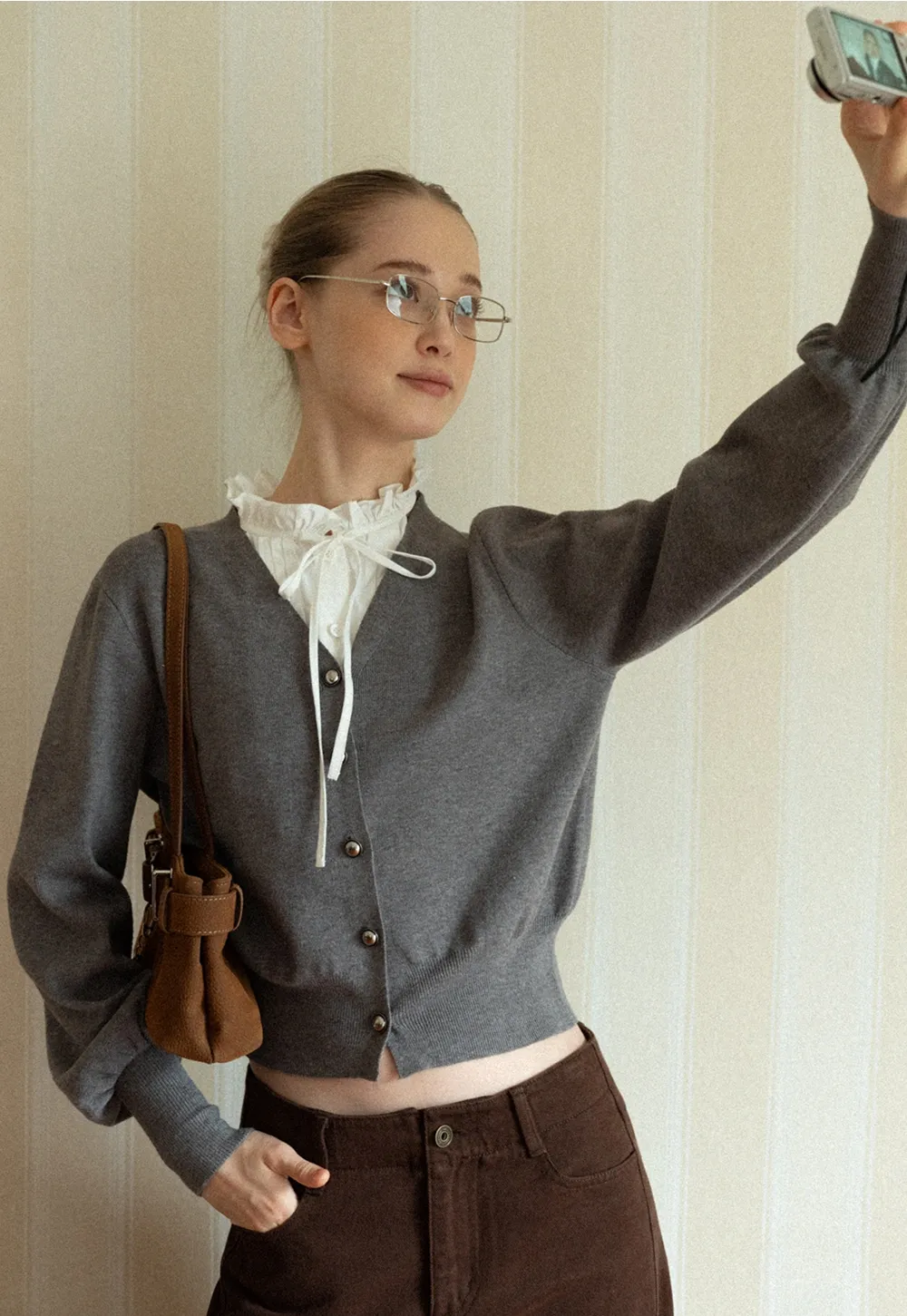 Women V-Neck Cardigan with Puff Long Sleeves