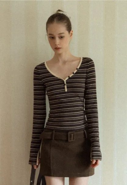 Women Striped Long Sleeve V-Neck Top