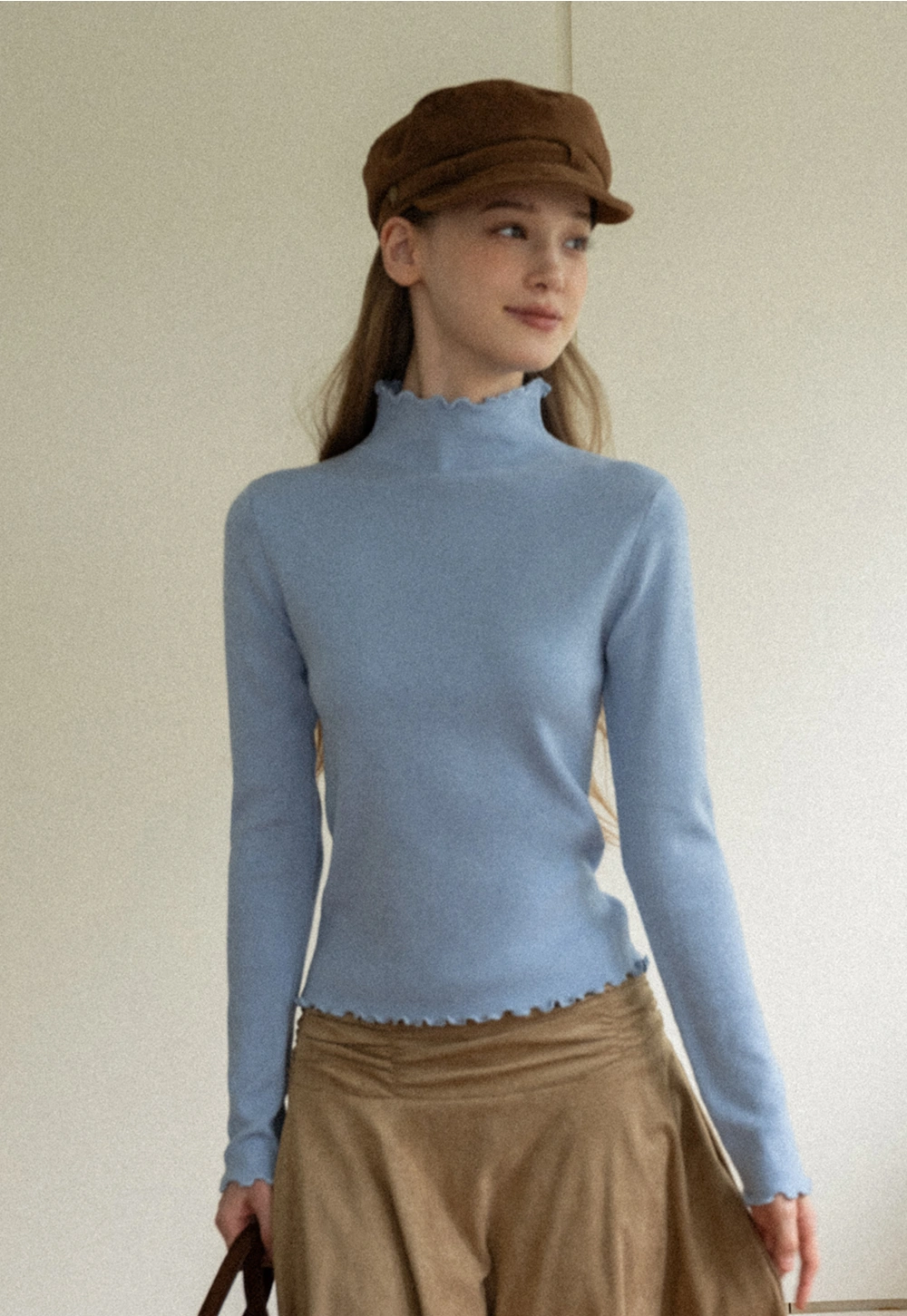 Chic Light Blue Ruffle Trim Turtleneck Sweater