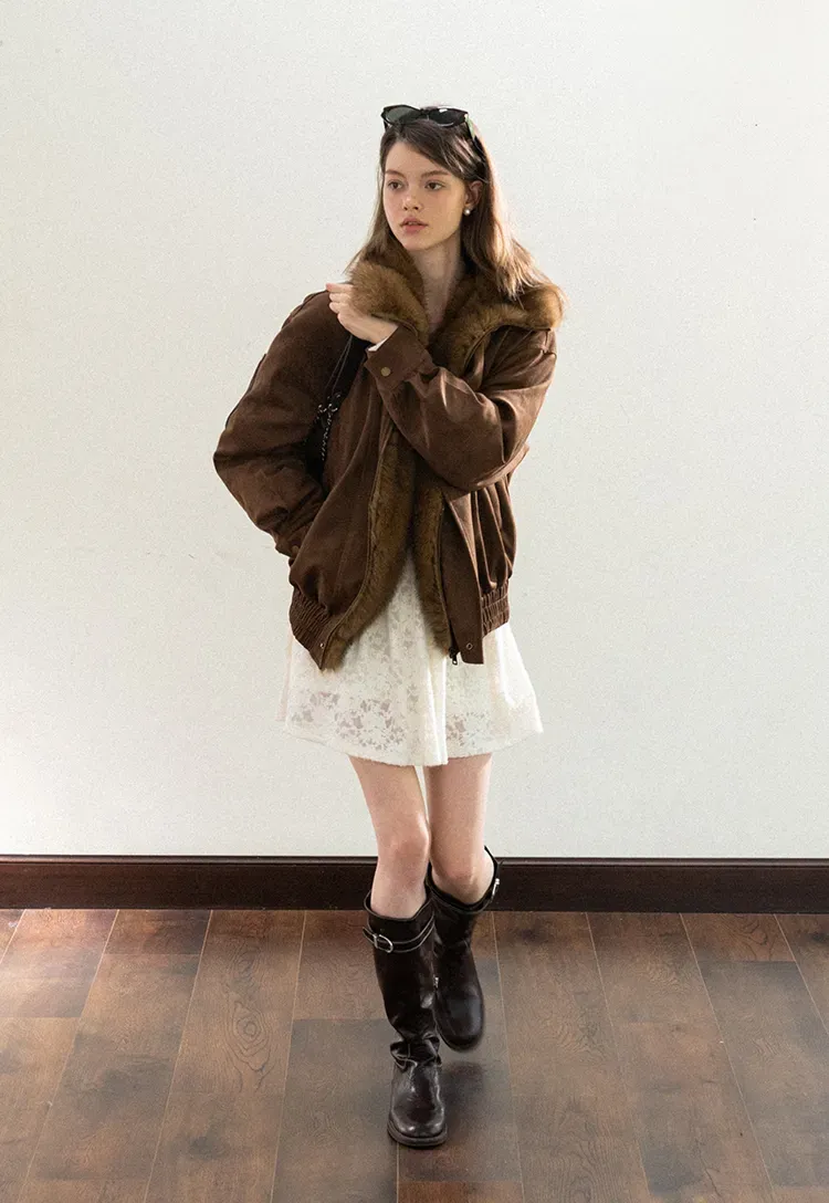 Faux Suede Jacket with Fur Collar