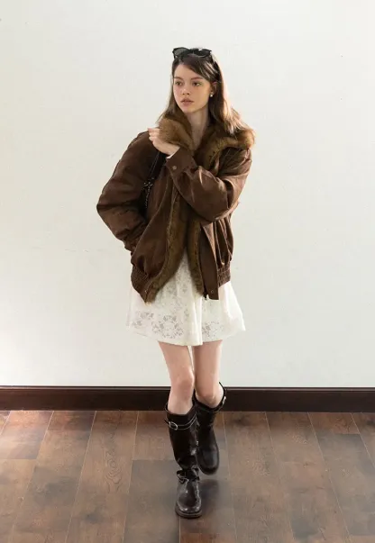 Faux Suede Jacket with Fur Collar