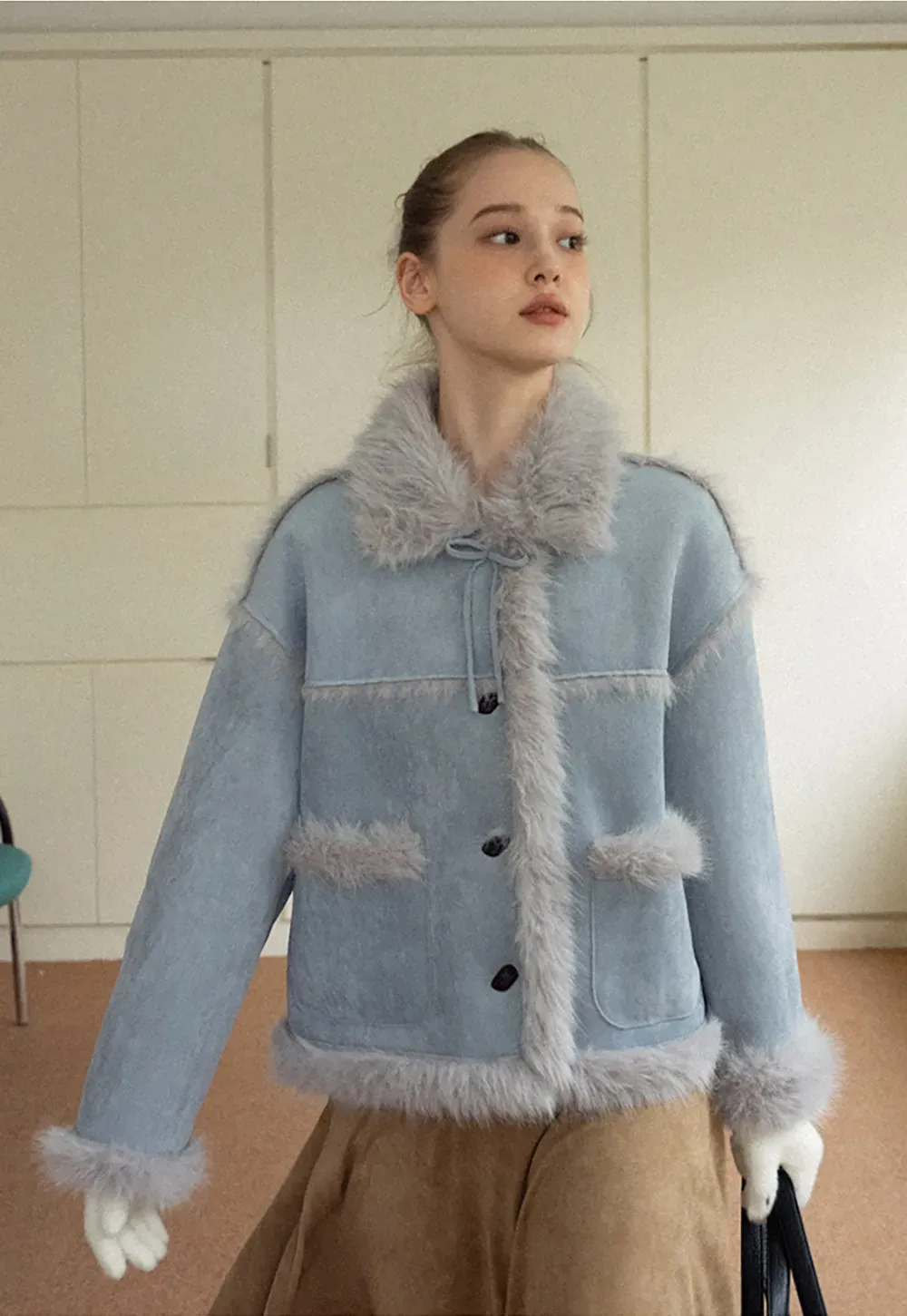 Faux Suede Jacket with Faux Fur Trim