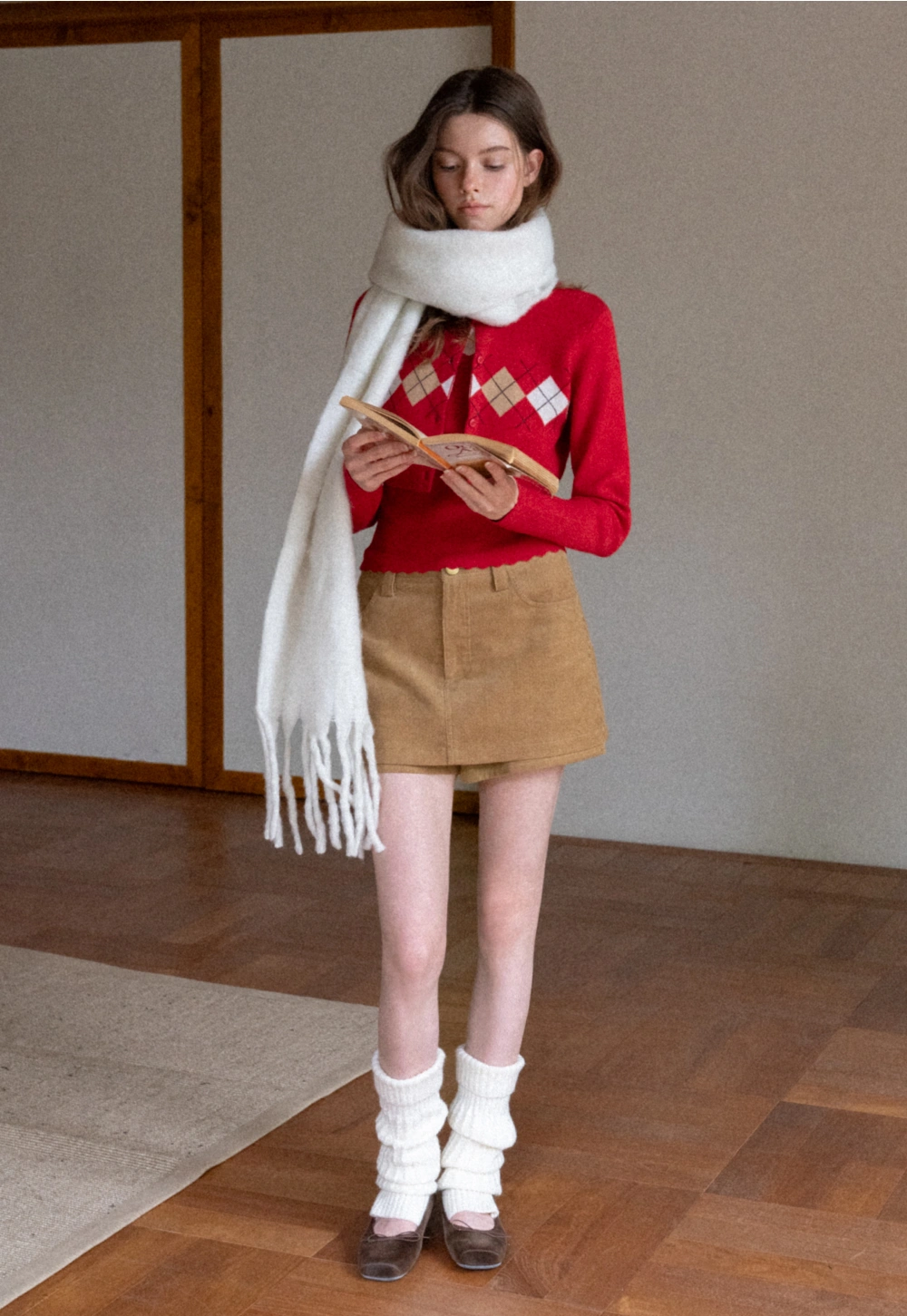 Women Red Tank Top and Argyle Cardigan Set