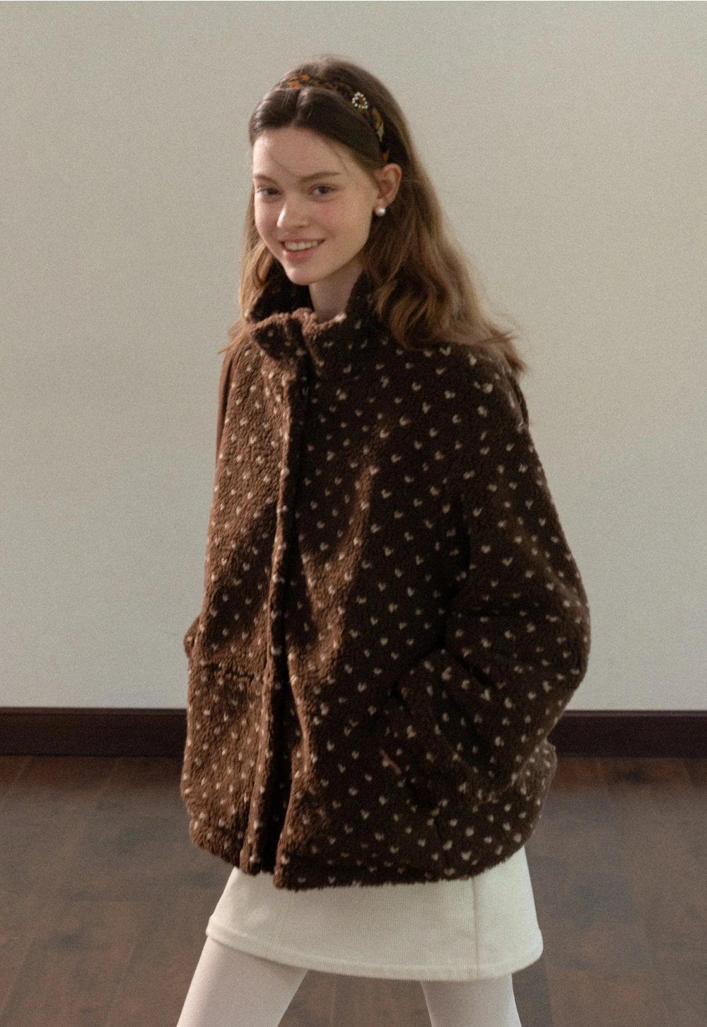 Women Cozy Fleece Jacket with Cute Heart Pattern