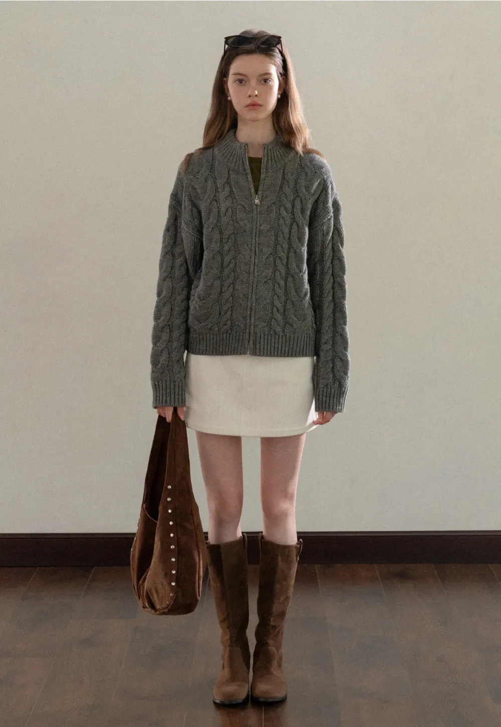 Stand-Collar Cable Zip Sweater