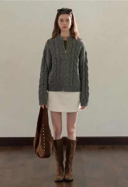 Stand-Collar Cable Zip Sweater