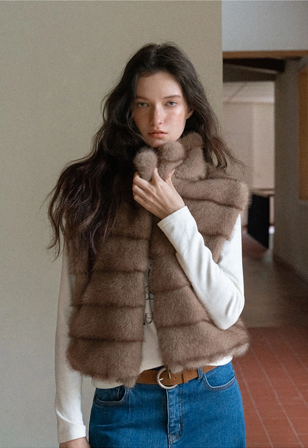 Layered Fuzzy Stand-Collar Vest