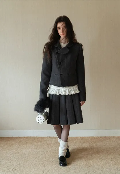 Women Vintage Blazer and Pleated Skirt Two Piece Set