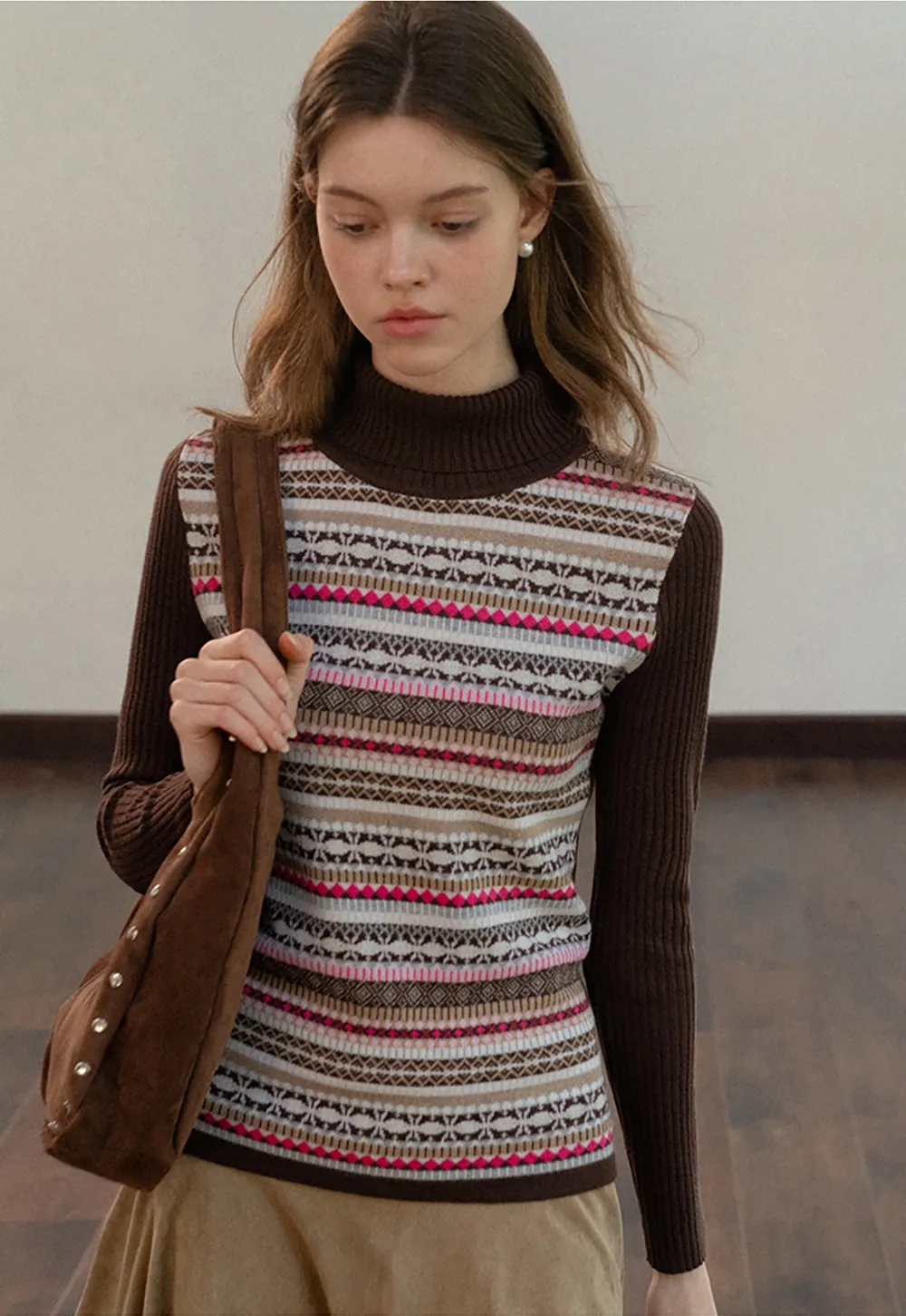 Striped Fair Isle Turtleneck Knit Top