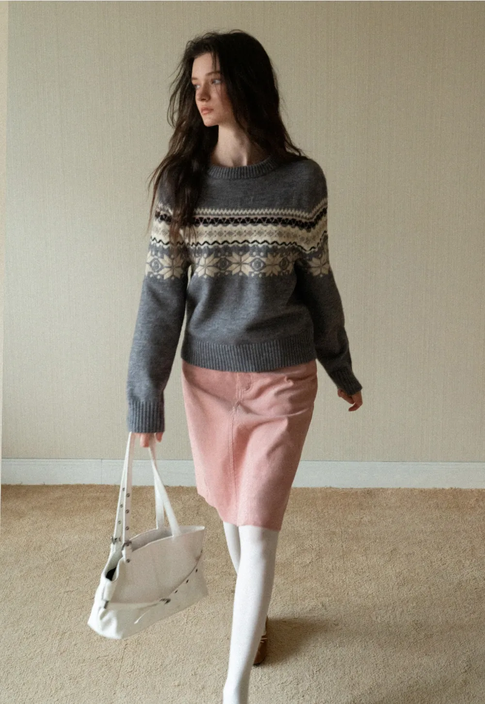 Gray Knit Sweater with Fair Isle Pattern