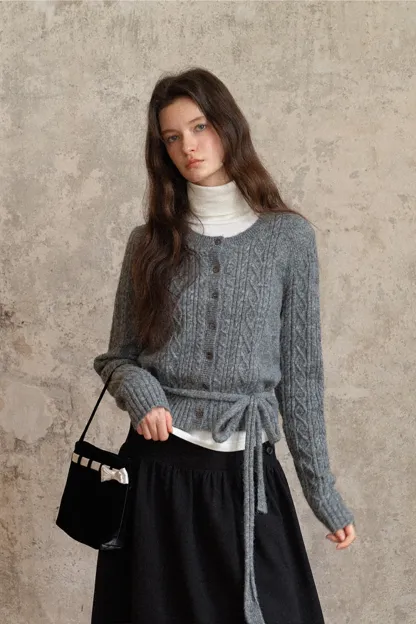 Cable Knit Cardigan with Tie-Front Detail