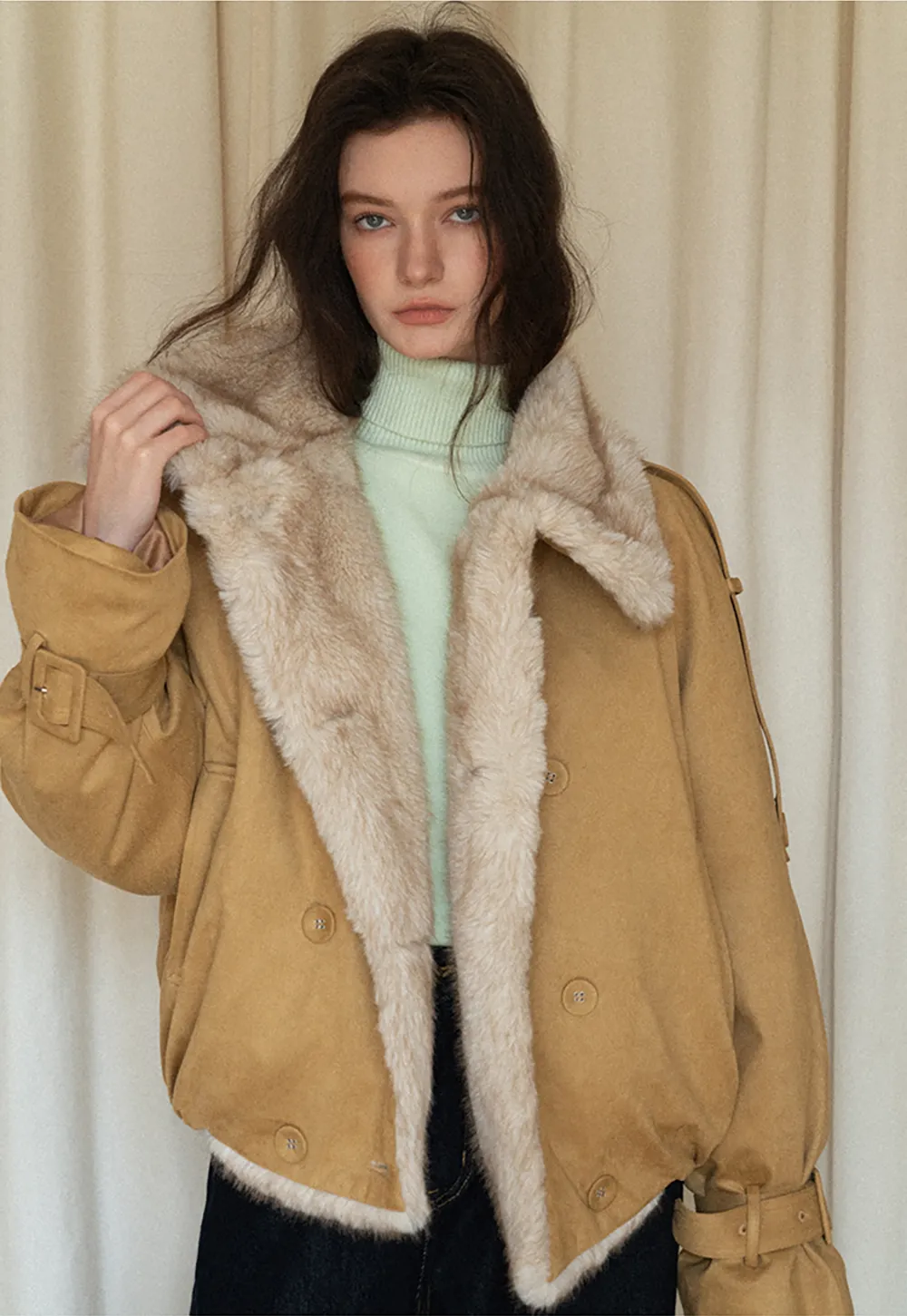 Double-Breasted Faux Shearling Jacket