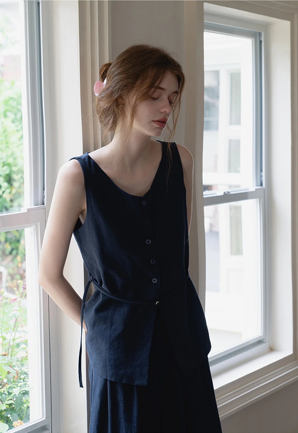 Women’s Button Vest & Wide-Leg Pants Set with Waist Cord