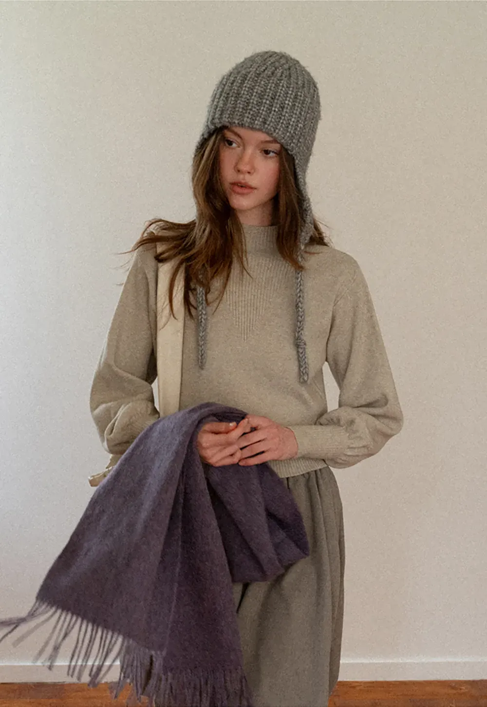 Ribbed High-Neck Sweater with Balloon Sleeves