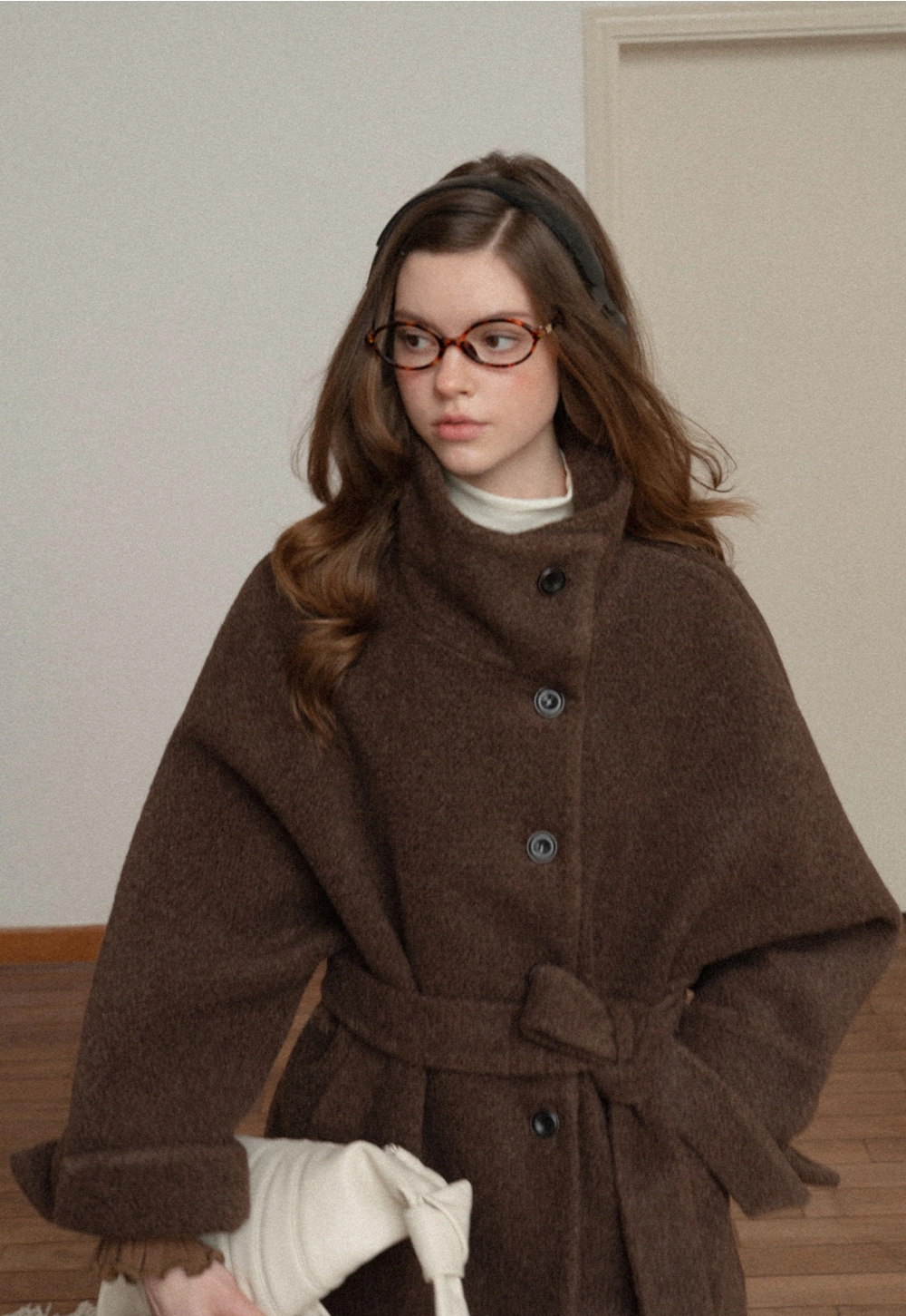 Winter Woolen Coat with Belt and Button Fastening