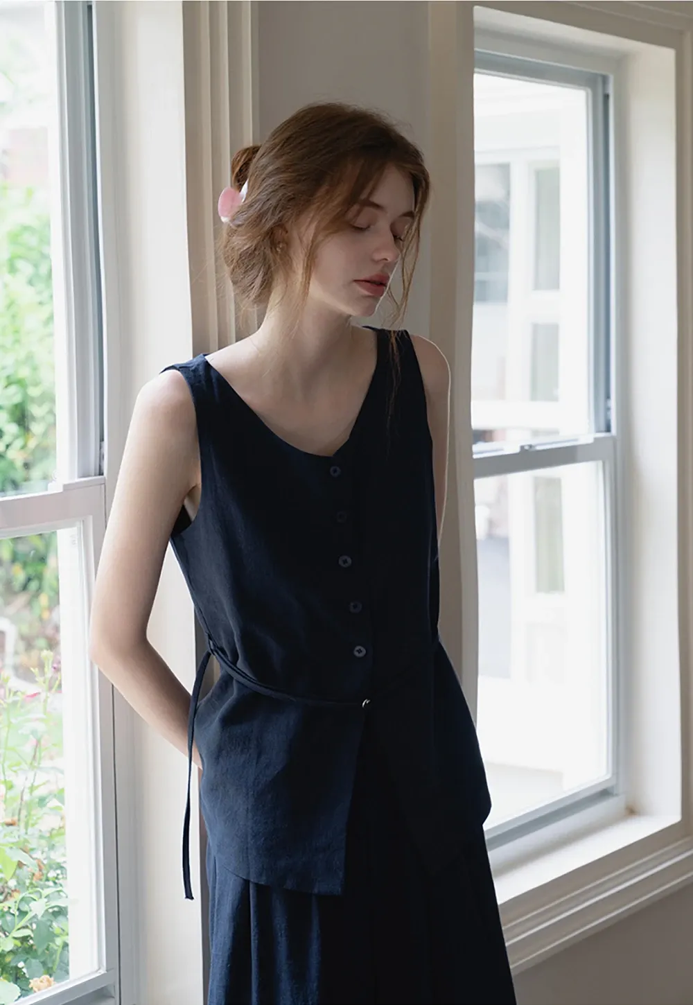 Women’s Button Vest & Wide-Leg Pants Set with Waist Cord