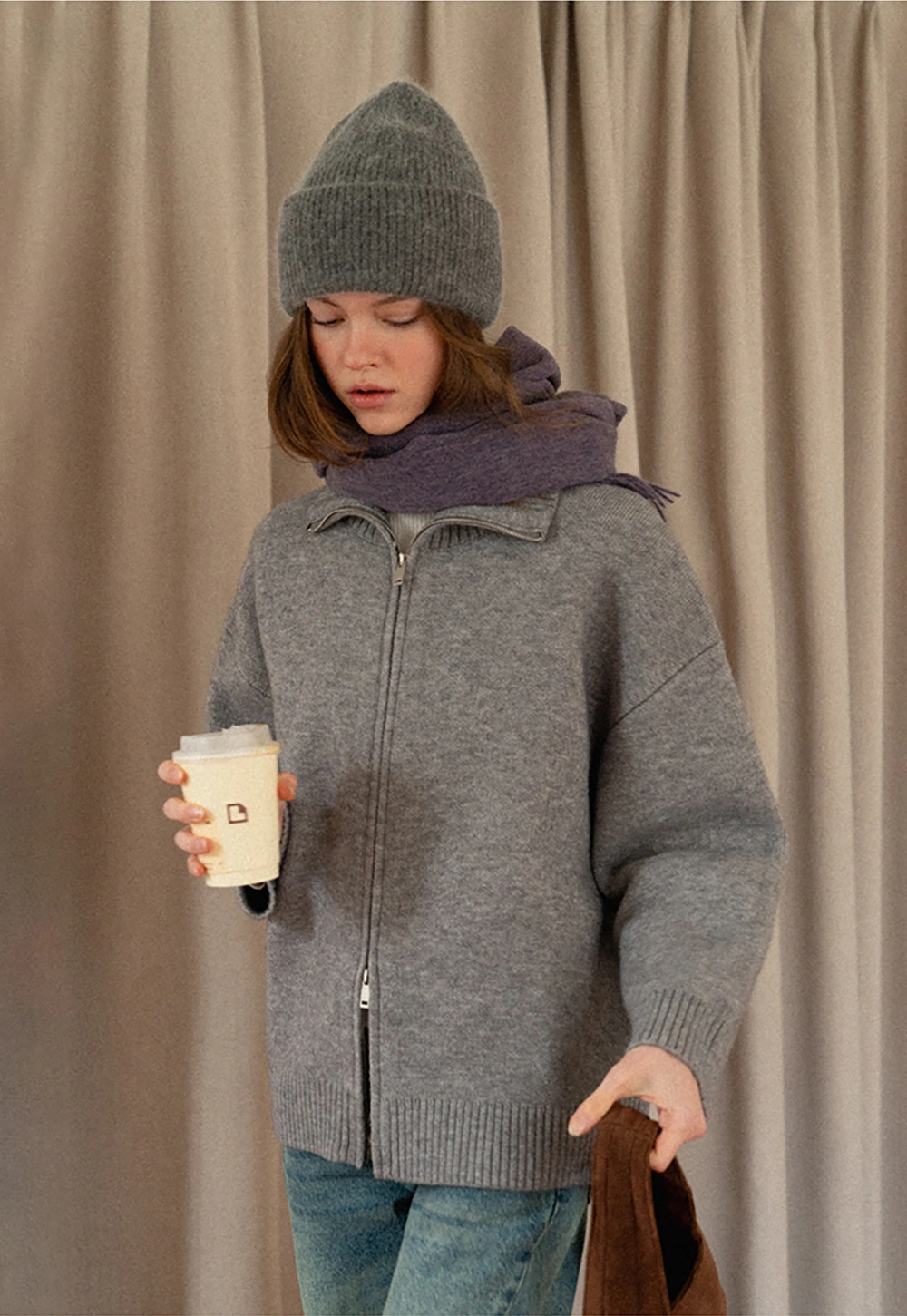 Women Grey Zip-Up Sweater with Ribbed Collar
