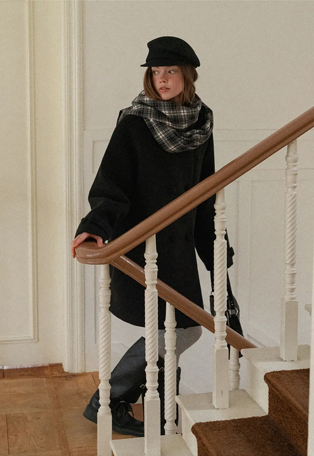 Women Black Wool Coat with Plaid Scarf Set