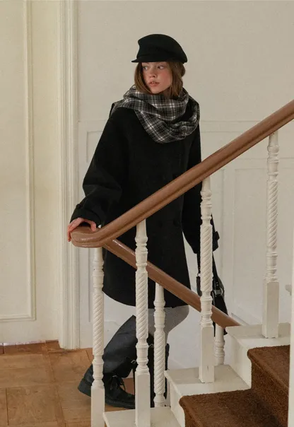 Women Black Wool Coat with Plaid Scarf Set