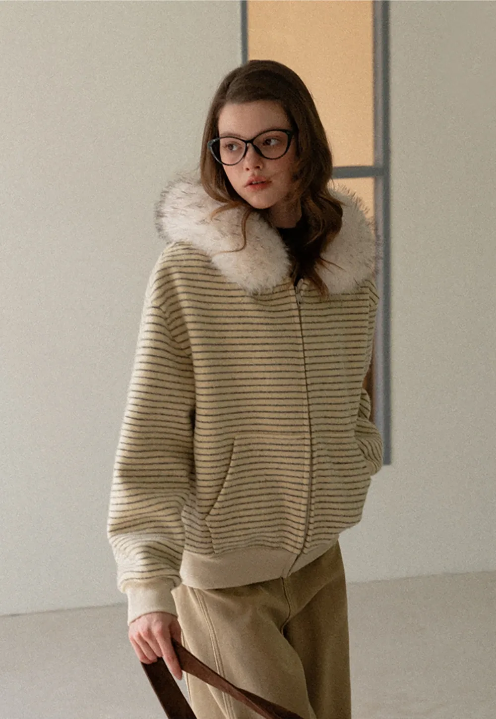 Women Striped Zip-Up Hoodie with Fur Collar