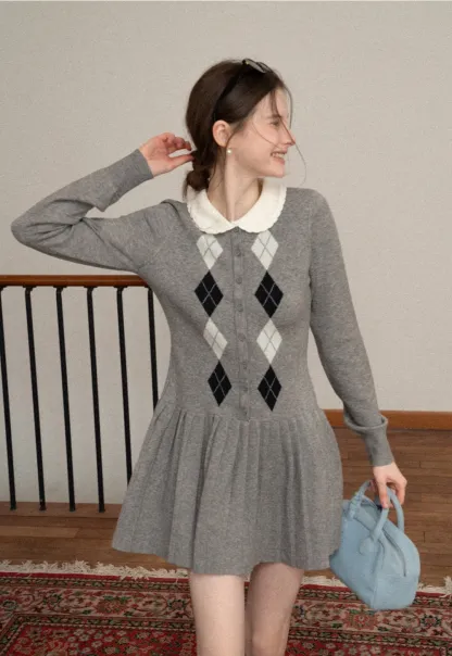 Argyle Knit Dress with Peter Pan Collar