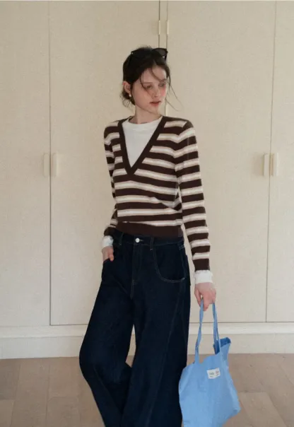 Layered V-Neck Striped Sweater