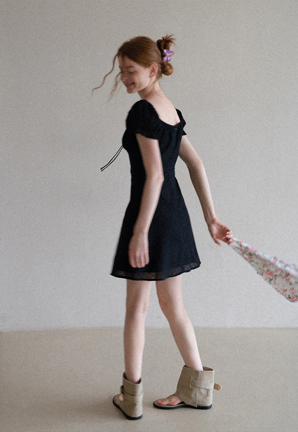 Women’s Puff Sleeve Tie-Front Eyelet Mini Dress