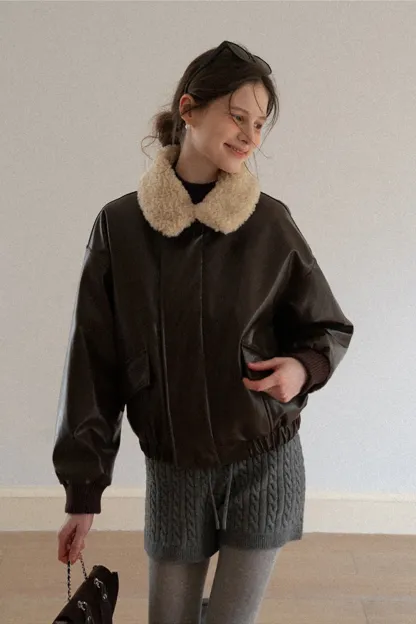 Faux Leather Bomber Jacket with Fur Collar