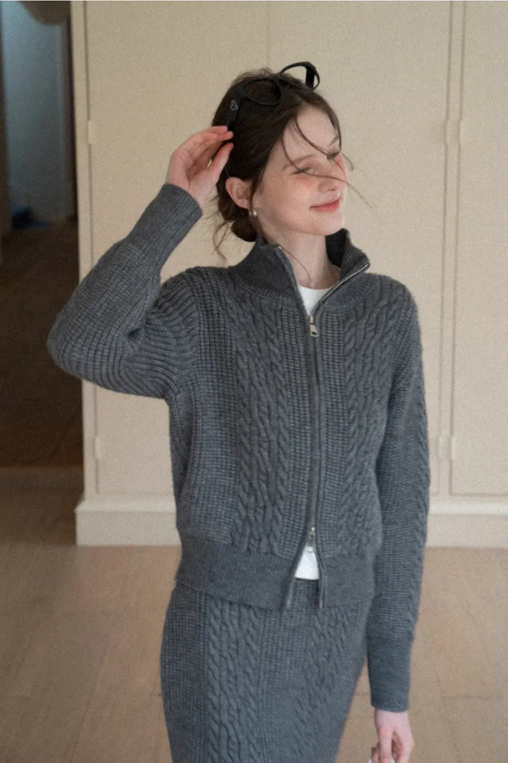 Cable Knit Zip-Up Sweater and Skirt Set