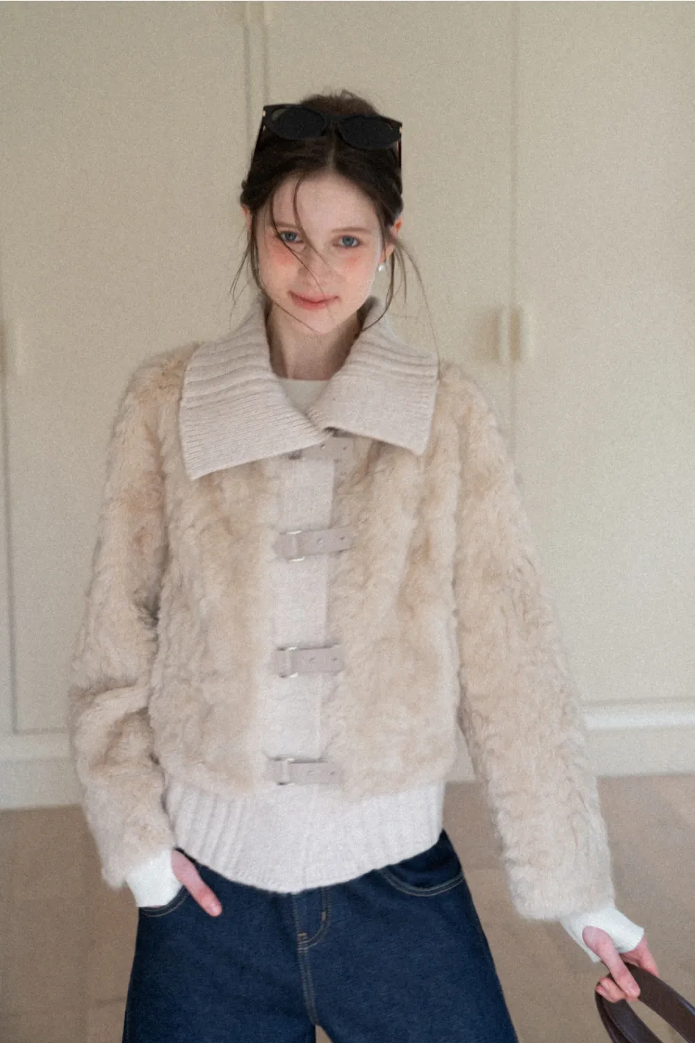 Collar Knit Patchwork Faux Shearling Coat