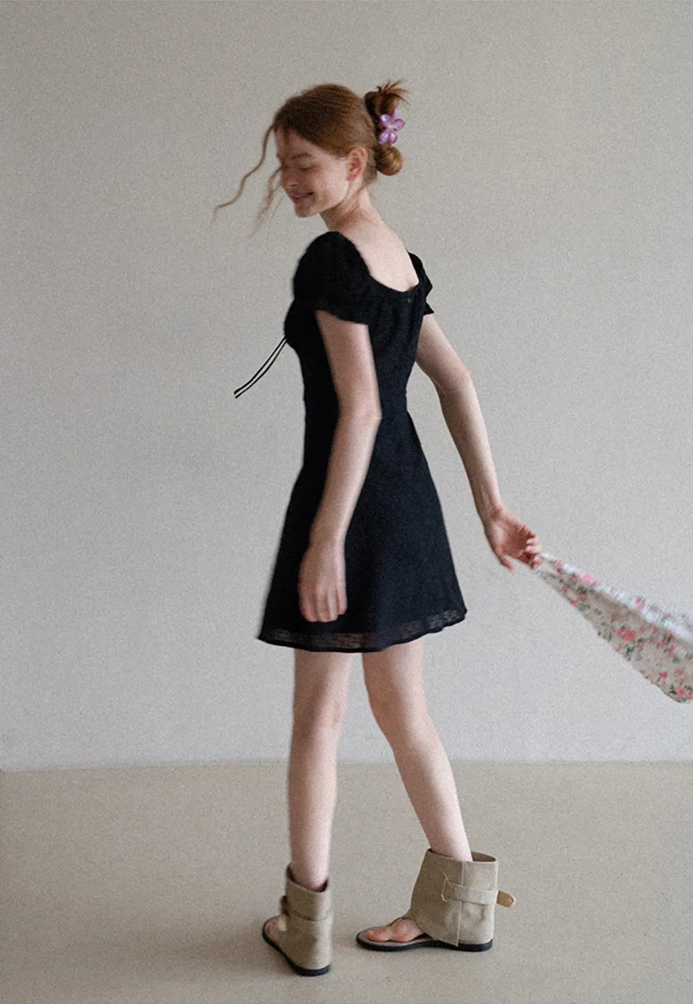 Women’s Puff Sleeve Tie-Front Eyelet Mini Dress