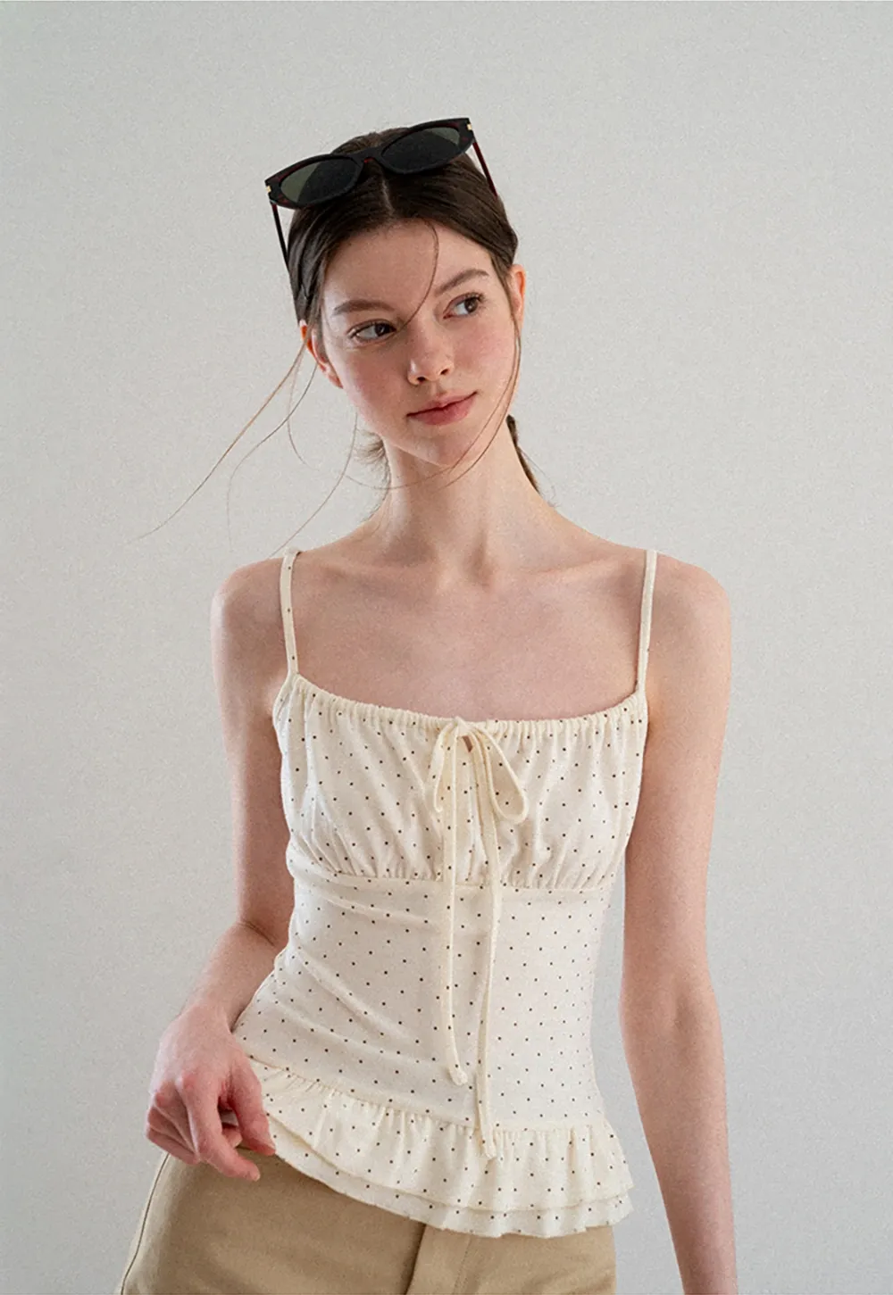 Polka Dot Drawstring Square Neck Tank Top