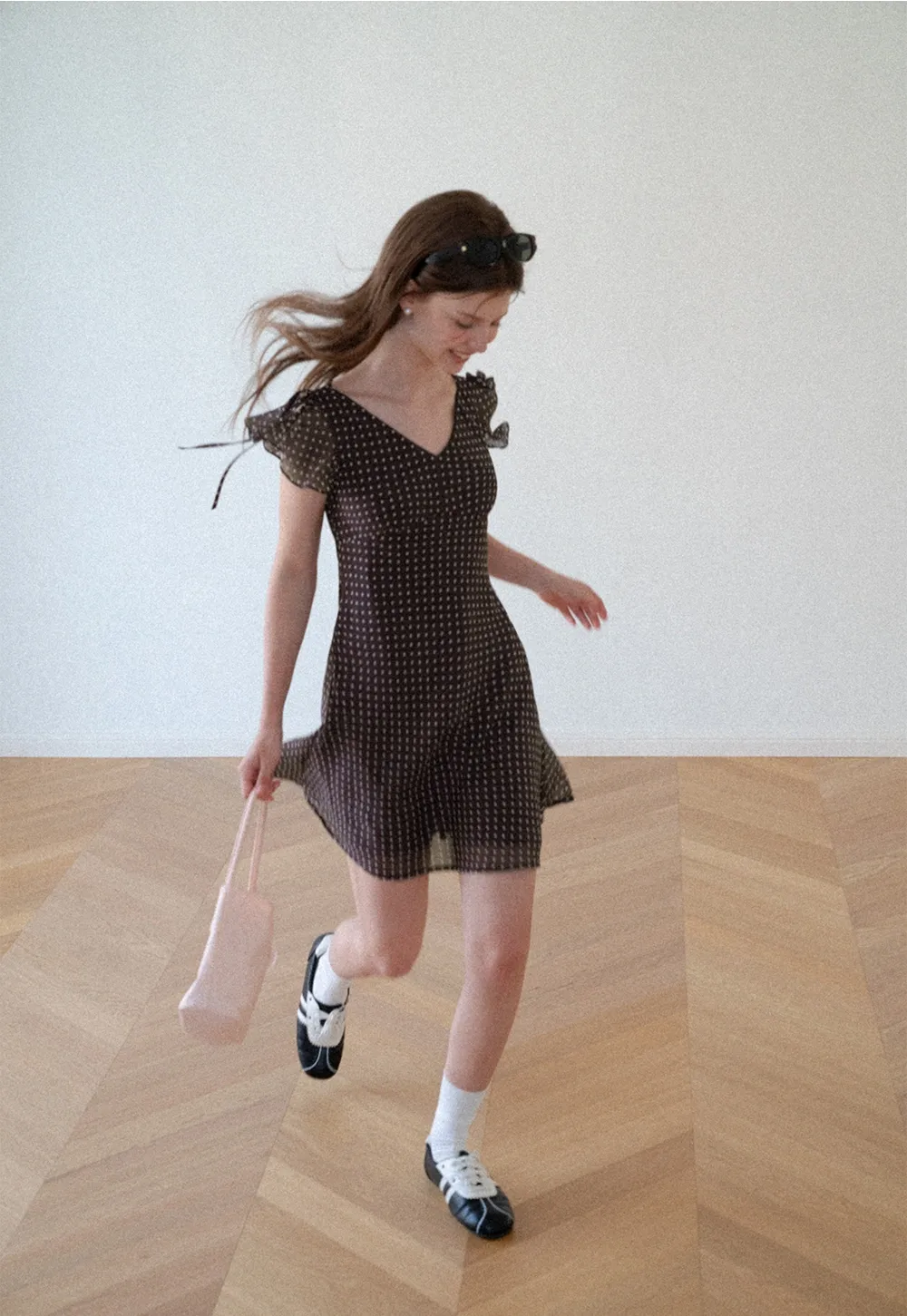 Polka Dot V Neck Tie Sleeve A Line Dress