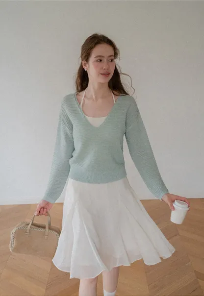 Ladies V‑Neck Knitted Pullover and White Cami Set